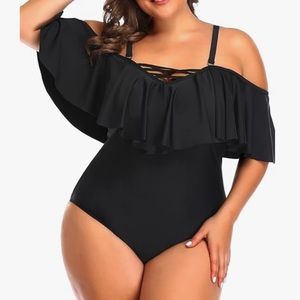 Chic Black Ruffle Off-Shoulder One Piece Swimsuit